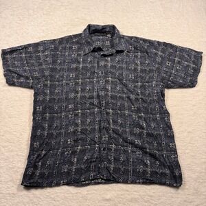 Manhattan Mens Large Blue Geometric Tribal Print Rayon Short Sleeve Button Shirt